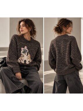 Women's 100% Cashmere Cat Applique Marled Brown Crewneck Sweater Size L